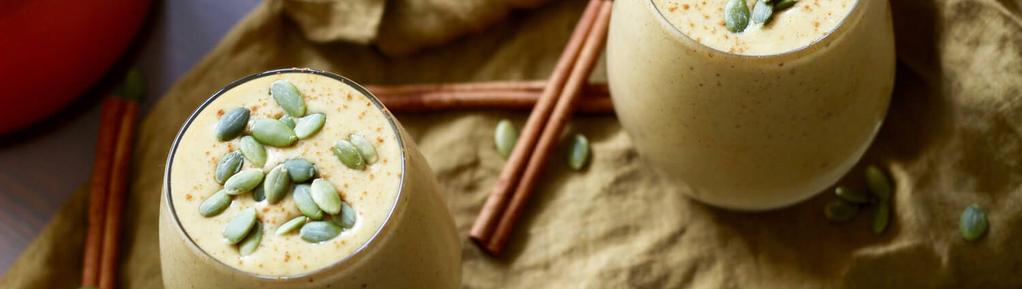 Pumpkin Pie Protein Smoothie 6 ingredients 10 minutes 2 servings 1. Combine all ingredients together in a blender and blend very well until smooth. Pour into glasses and enjoy!