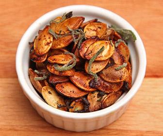 Sage Roasted Pumpkin Seeds with Brown Butter Makes 2 cups Per 1/4 cup: Net Carbs 5.