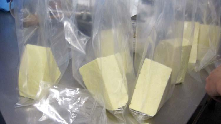 Unrinded Cheeses Sealed under vacuum in plastic bags or pouches. These condition prevent surface growth of bacteria, yeast, and/or molds. Aging time and temp depends on cheese.