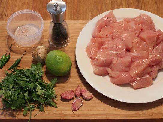 Easy oven chicken 425g chicken breast, diced 2 garlic cloves, chopped finely 30g fresh coriander, chopped finely 1 green chilli pepper,