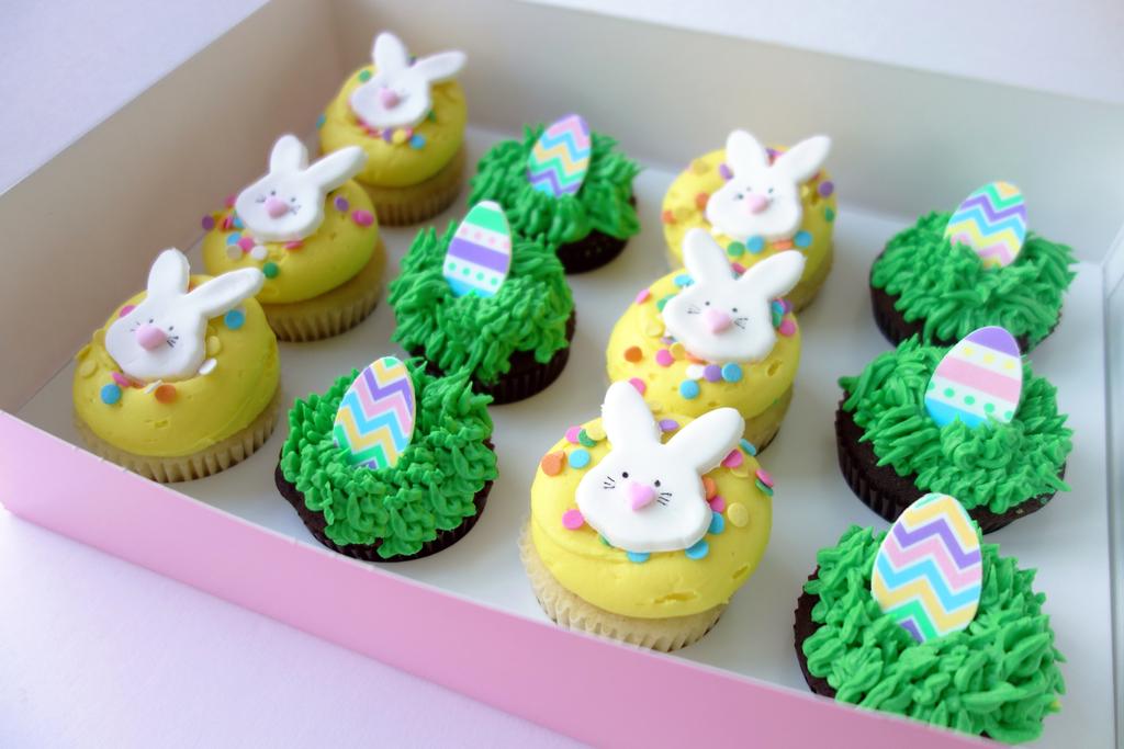 Confetti Bunny Face cupcakes and 6 Easter Egg Hunt Chocolate cupcakes.