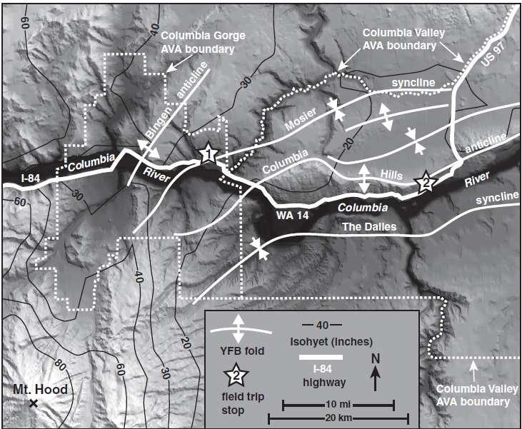 9 Figure 4. Six major axes of The Yakima Fold Belt extend into the CGWR, forming ridges and valleys near The Dalles, Mosier Valley, Columbia Hills and Bingen anticline.