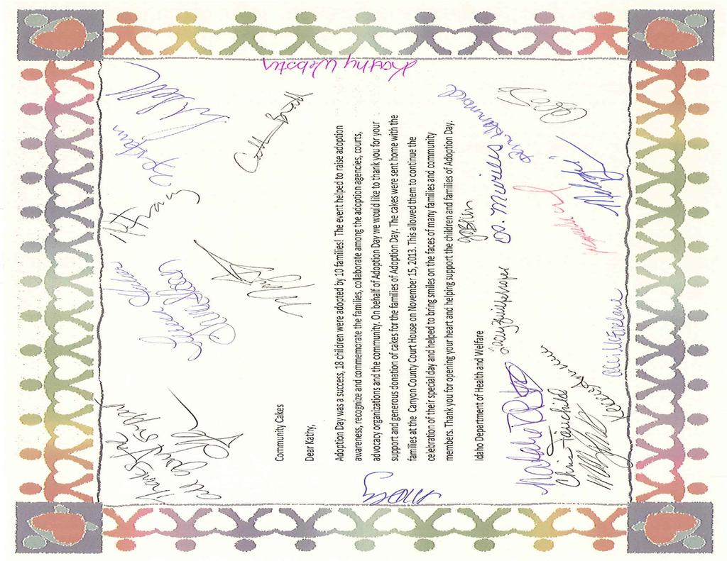 Community Cakes received this very thoughtful certificate of thanks from the Department of Health and Welfare in Canyon County.