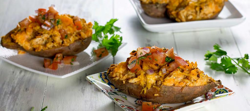 MAKE FRESH DINNERS - JAN/FEB 2017 TACO CHICKEN STUFFED SWEET POTATOES Calories 230; Fat 9g; Saturated Fat 4g; Carbohydrates 17g; Fiber 3g; Protein 20g; Cholesterol 60mg; Sodium 200mg Grocery List