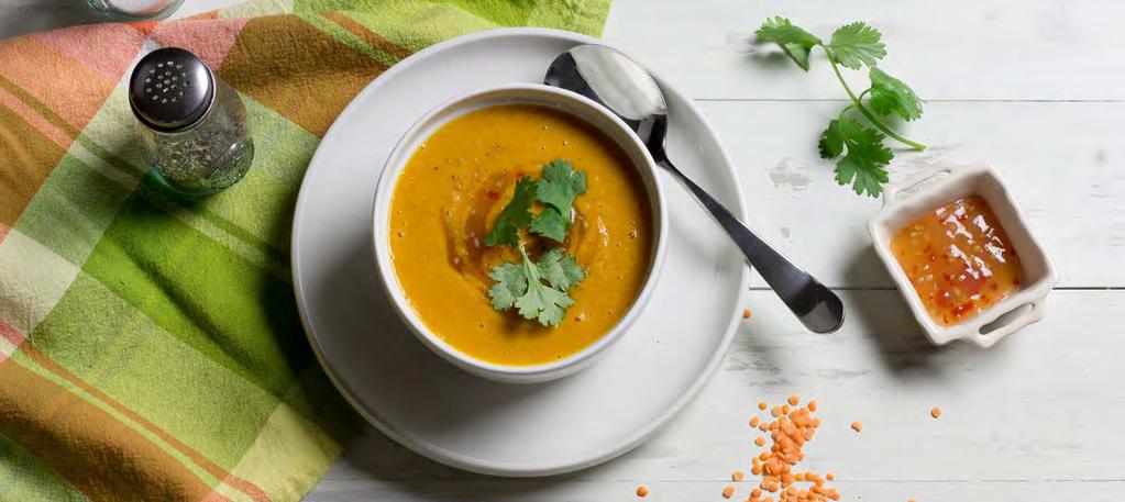 MAKE FRESH DINNERS - JAN/FEB 2017 SWEET & SPICY THAI CARROT SOUP Calories 390; Fat 25g; Saturated Fat 18g; Carbohydrates 37g; Fiber 8g; Protein 10g; Cholesterol 0mg; Sodium 310mg Grocery List