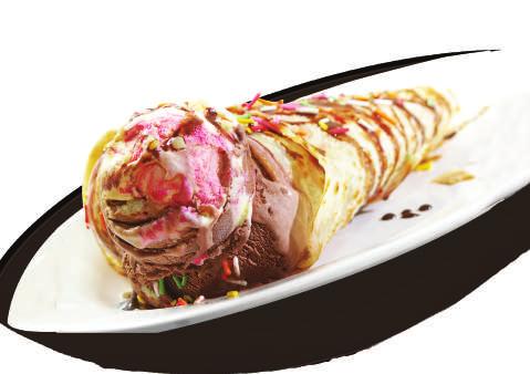 20 Prata topped with nutella and mini marshmallows Prata filled with banana, topped with nutella and a scoop of ice cream.