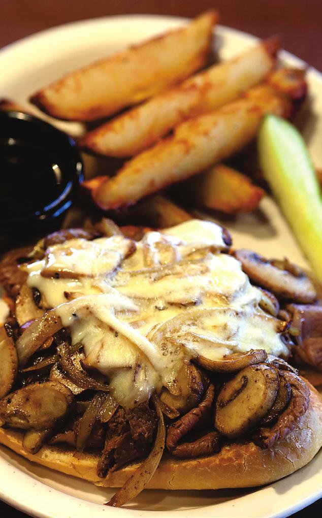 29 Prime Rib Sandwich Shaved prime rib served open faced, topped with sautéed onions and mushrooms and choice of cheese, served with steak fries 13.99 7 oz.