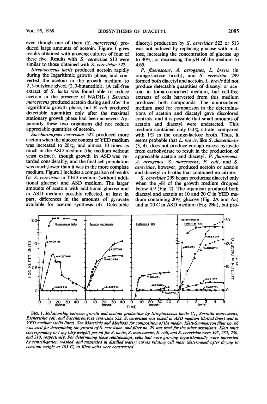 VOL. 95, 1968 BIOSYNTHESIS OF DIACETYL 2085 even though one of them (S. marcescens) produced large amounts of acetoin. Figure 1 gives results obtained with growing cultures of four of these five.