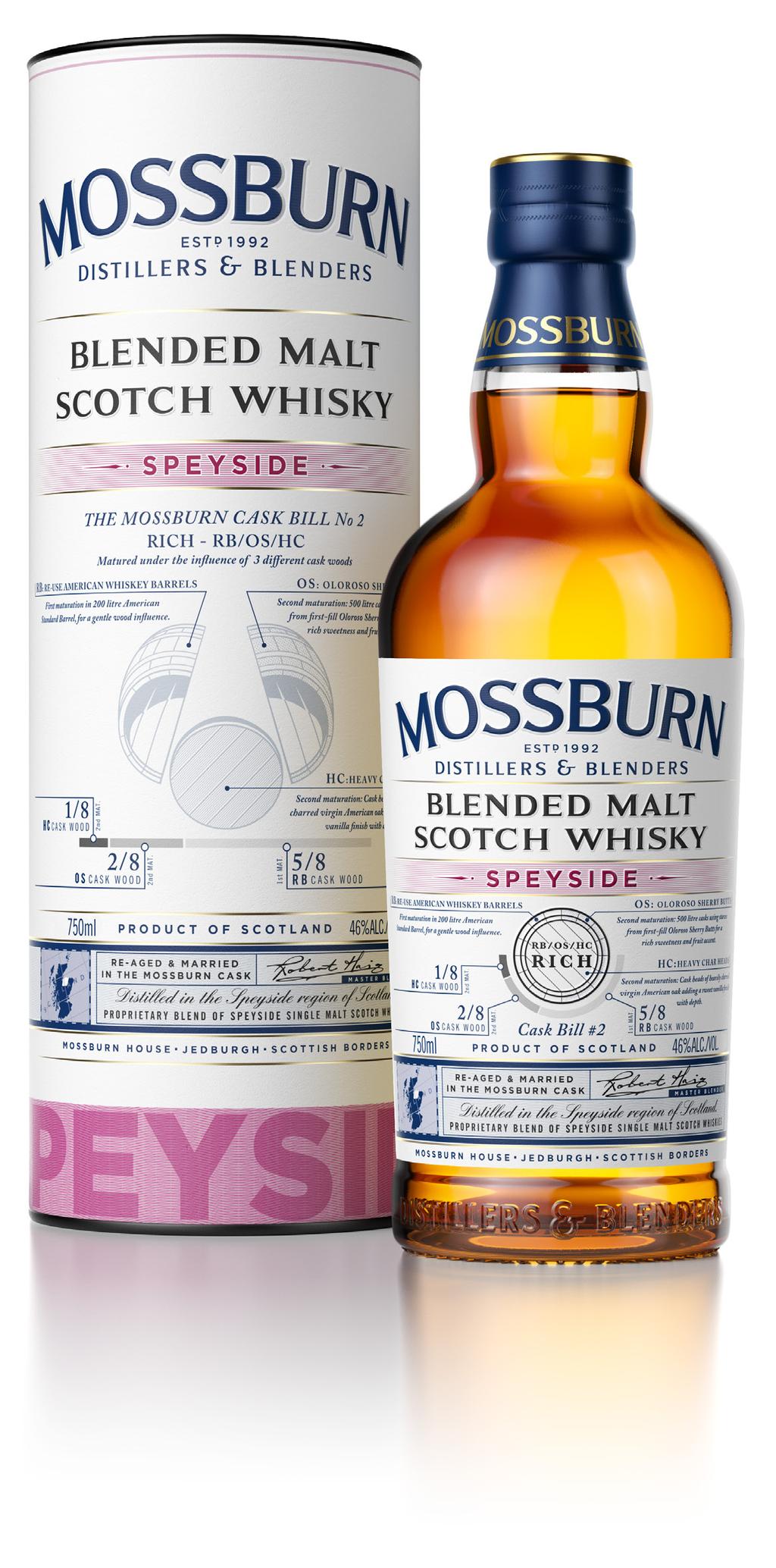 RICH - RB/OS/HC - Matured under the influence of 3 different cask woods: RB (Re-use American Whisky Barrels) / OS (Oloroso Sherry Butts) / HC (Heavy Char Heads) The Mossburn Signature Casks range of