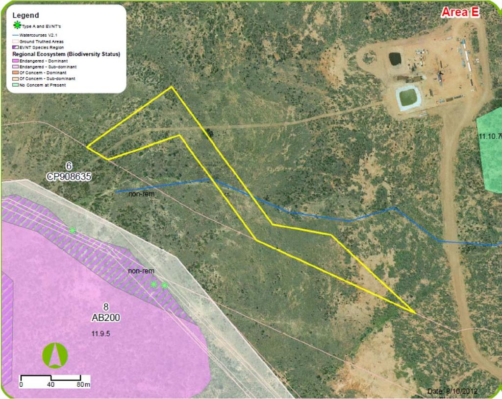 Figure 2.4 Area E showing REs, ESAs and location of Type A restricted plants There is a Category B ESA mapped 30 m to the south of Area E, which corresponds to the mapped remnant endangered RE.9.5.