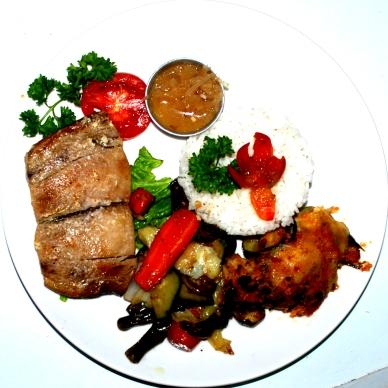 ..92 k GRILLED TUNA Fresh Tuna fish from Lembongan, with our tomato-onion sauce,not spicy, served with rice and vegetables.