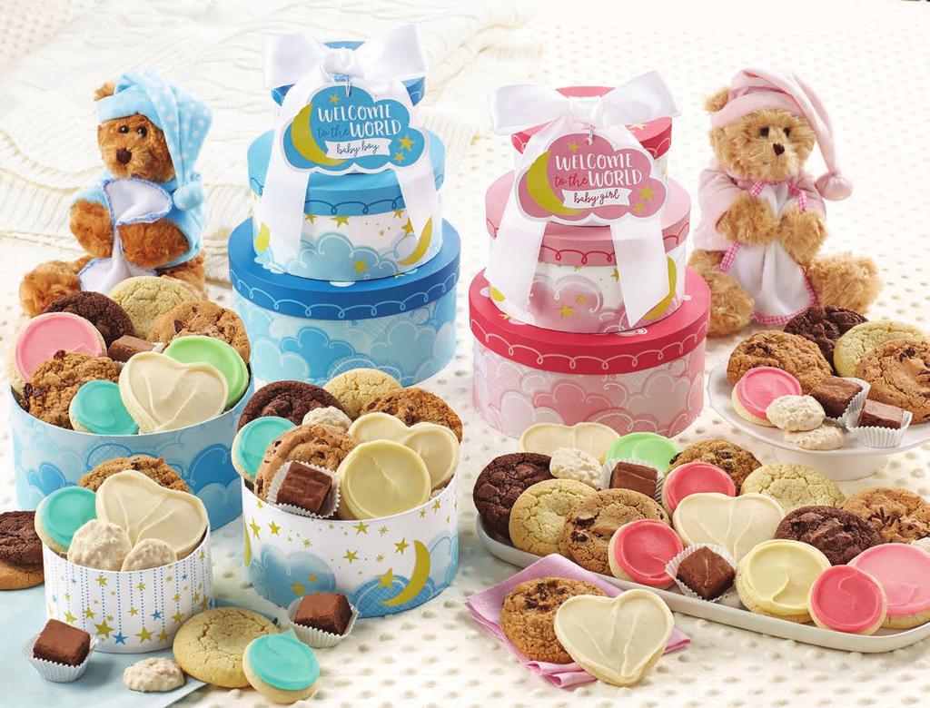 and sugar cookies. We ve also included snack size fudge brownies, sweet and salty pretzel clusters, and snack size pink or blue frosted cut-outs. If you choose, you can add a soft and cuddly bear!