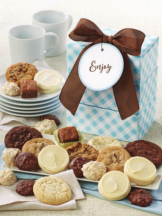 We ve included snack size gourmet cookies and fudge brownies, a gourmet pretzel, buttercream frosted lemon burst, triple chocolate and classic cut-out cookies, and sweet and salty pretzel clusters