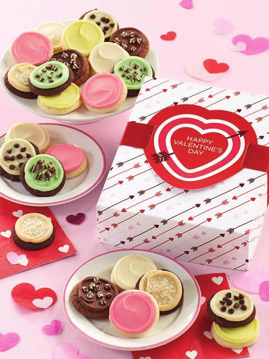 Choose from a tin of all Buttercream Frosted Cut-out cookies, our Frosted Assortment; featuring heart shaped cut-outs, our NEW buttercream frosted champagne, salty caramel, devil s food with candy