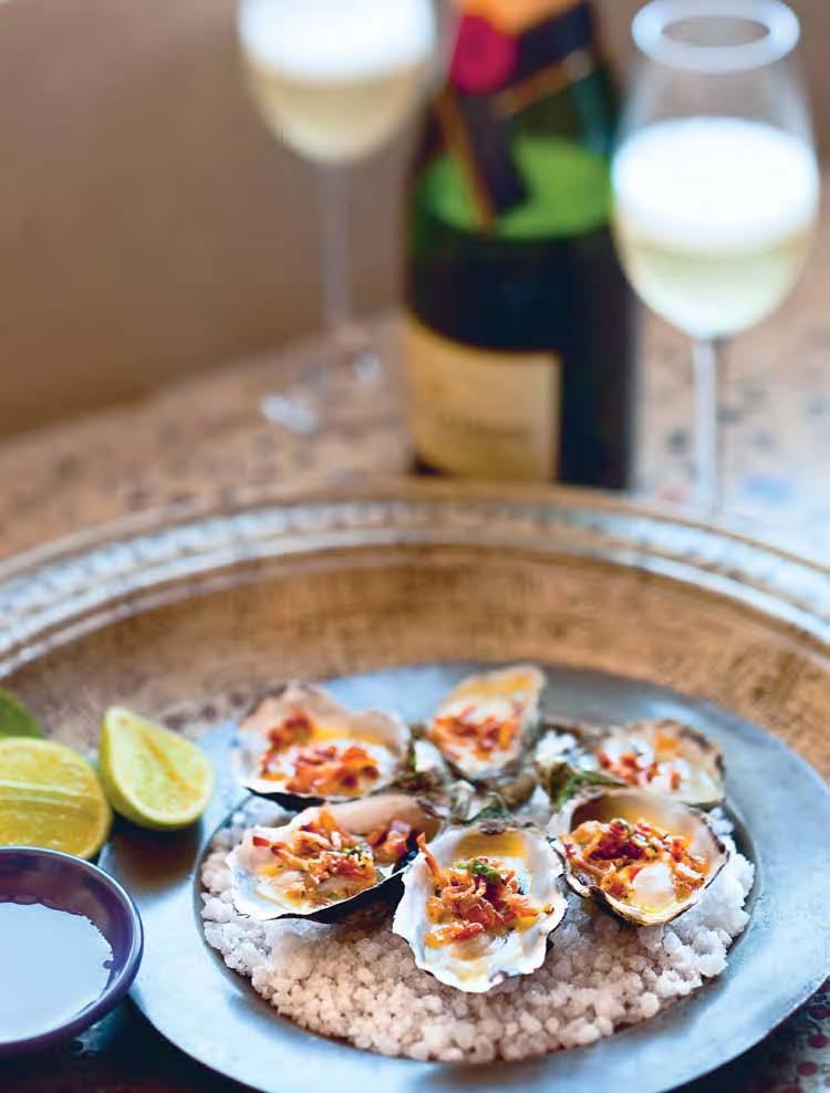 1 CHAMPAGNE Oysters with pancetta and kaffir lime Some flavours are truly meant for each other, and if you like your oysters cooked rather than natural, try them with pancetta and kaffir lime you