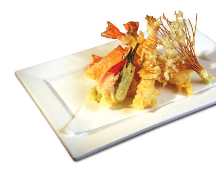 TEMPURA A style of cooking in which vegetables and seafood are fried in a delicate batter until crisp and golden and served with a soy dipping sauce and a vegetable tempura garnish.