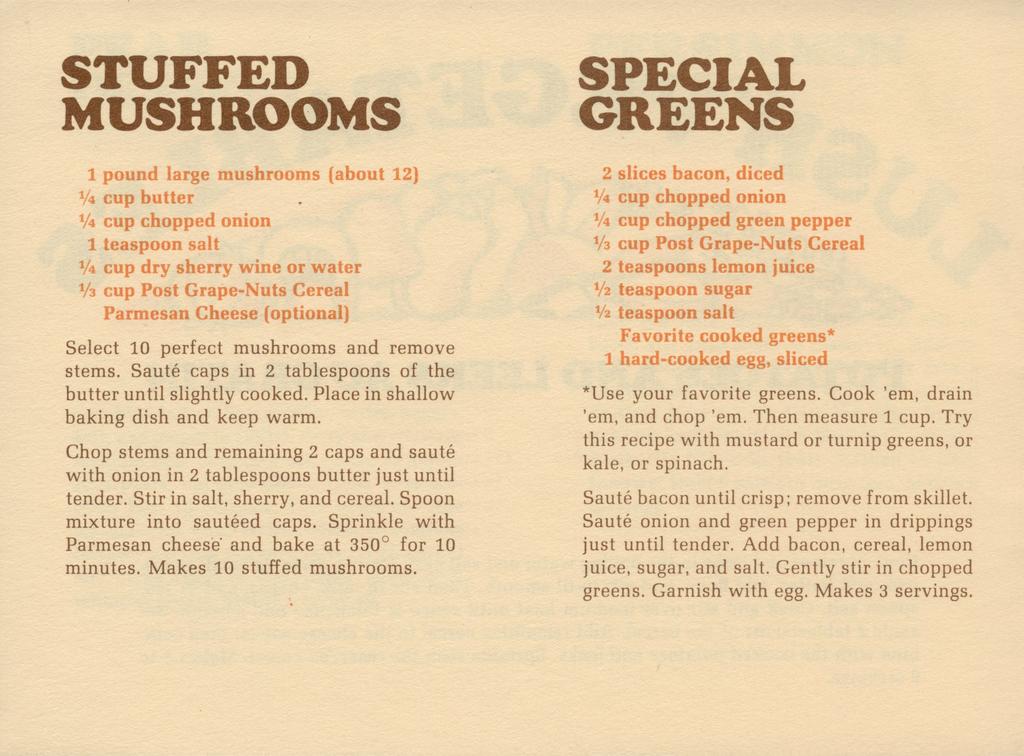 STUFFED MUSHROOMS 1 pound large mushrooms (about 12) V4 cup butter V4 cup chopped onion 1 teaspoon salt V4 cup dry sherry wine or water V3 cup Post Grape-Nuts Cereal Parmesan Cheese (optional) Select