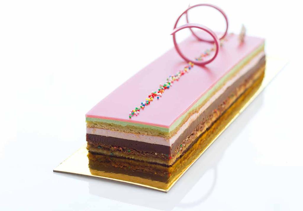 As seen on MasterChef 7 layers cake starts with banana lolly Joconde, freckles crunch, mandarin jaffa ganache, musk mallow, more banana lolly Joconde, spearmint leaf buttercream and topped