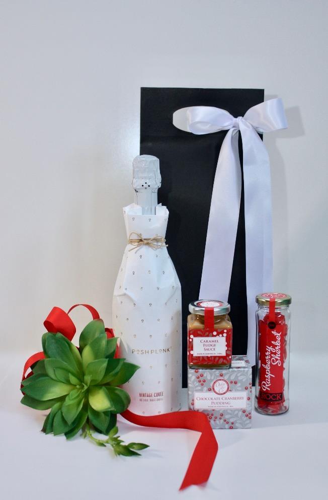 Champagne & Sweets Gift Bag Posh Plonk Vintage Sparkling Cuvee 750ml Ogilvie & Co Chocolate Cranberry Pudding & Caramel