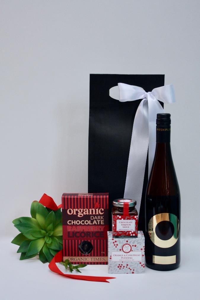 Wine & Sweets Gift Bag Posh Plonk 750ml Pinot Grigio Naked Edition Organic Times Dark Chocolate Raspberry Licorice Ogilvie &