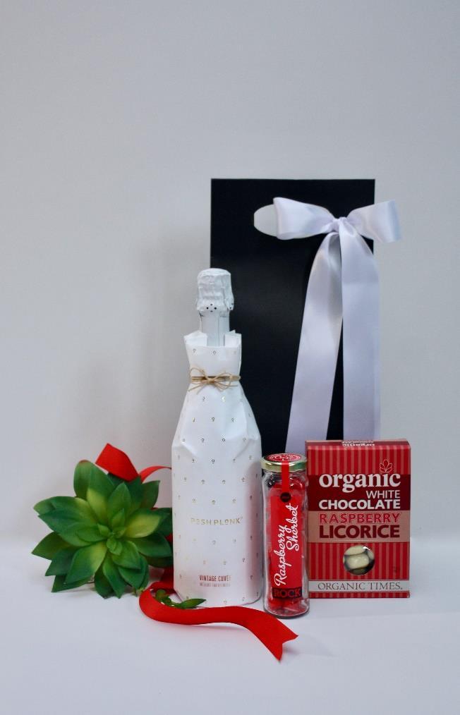 Champagne & Raspberries Gift Bag Posh Plonk Vintage Sparkling Cuvee 750ml Organic Times White Chocolate