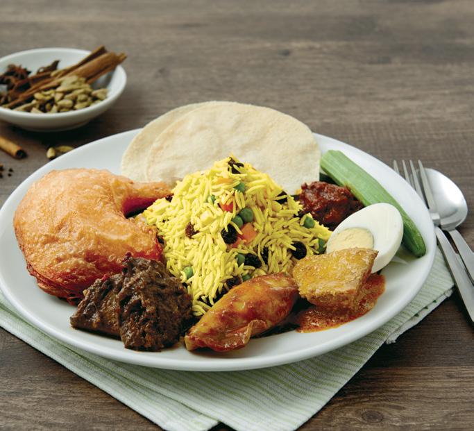 NASI BIRYANI Aromatic basmati rice served with curry potato, hard boiled egg, lady finger, papadum and sambal with a choice of PappaRich s signature fried chicken thigh, aromatic beef rendang, sweet