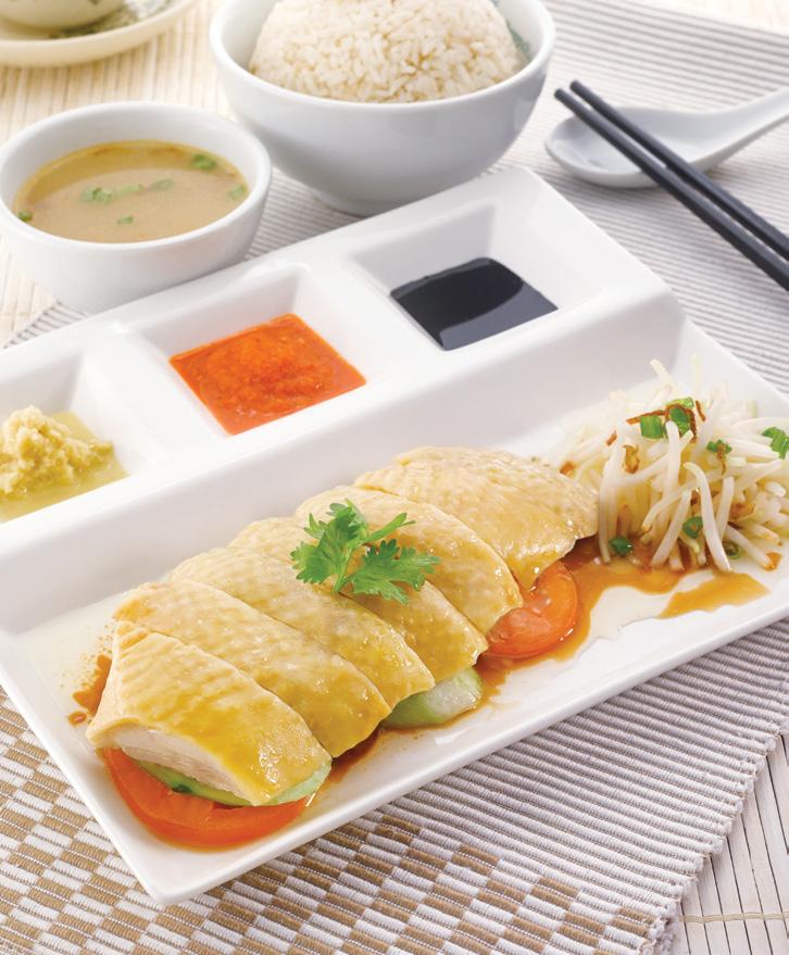 CHICKEN RICE A Malaysian favorite dish that comes complete with tender boiled chicken, fragrant jasmine rice, chicken soup, bean sprouts and a dip combination