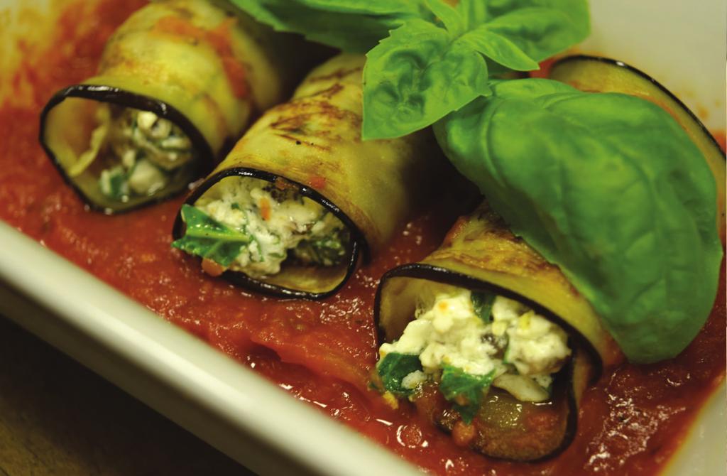 Eggplant Involtini Ingredients (yield 3) 3 each Eggplant Slices (cooking in oil on the griddle) 100g Goat Cheese 100g Cooked Mushrooms 100g Cooked Spinach (chopped) 10g Lemon Zest 100g Tomato Sauce 1