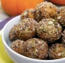 Chocolate Chip Pumpkin Pie Protein Balls 1 cup raw almonds 3/4 cup rolled oats 1/2 cup dates, pitted (about 6) 7 ounces pumpkin puree 1 serving vanilla-plant-based protein powder (about 35 grams) 1/2