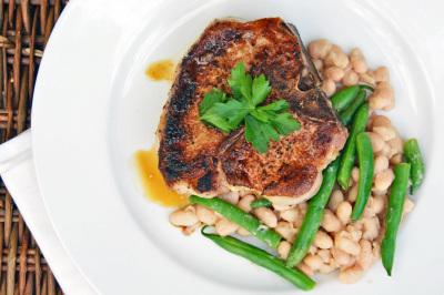 Steakhouse Pork Chops with a Warm White and Green Bean Salad KID NOTE: Perfectly suited for a kid pallet. VEGETARIAN TIP: Replace the pork chop with either portabella mushroom caps or sliced eggplant.