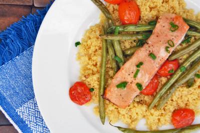 Roasted Salmon with Green Beans and Burst Tomatoes over Couscous KID NOTE: The only thing left on the plate was the tomatoes which I gladly ate.