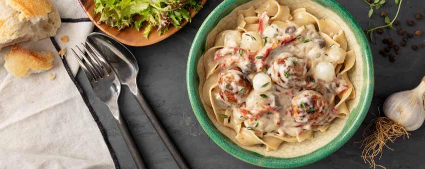Sour Cream Frozen Pearl Onions, Thawed Sun-Dried Tomatoes, Julienned cups ½ cup ¼ cups Frozen Fully-Cooked Beef Meatballs, ½ oz each 60 Cooked Whole Grain Egg Noodle + cups Add onions.