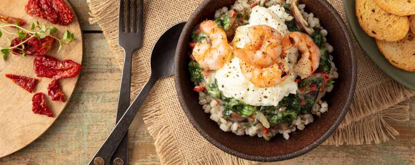 (0444) Sun-Dried Tomatoes, Sliced Frozen Spinach, Thawed, Well Drained Frozen Egg Whites, Thawed Shrimp, Small, Yield from lb Raw Black Pepper Cooked Barley Tbsp + ½ cup 4 oz qt 4 5 In a large sauté