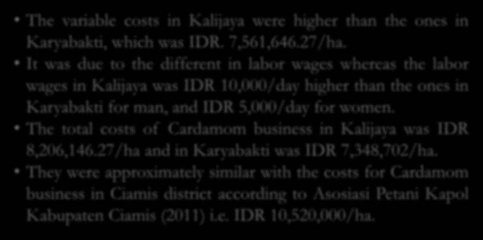 The Variable Costs of Cardamom Business Variable cost of cardamom 2013.rtf The variable costs in Kalijaya were higher than the ones in Karyabakti, which was IDR. 7,561,646.27/ha.