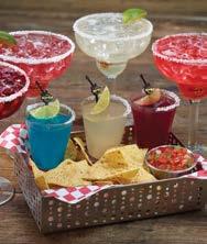 Made with Silver Tequila and Cointreau Orange Liqueur flavours include Blue Curacao, Monin Elderflower and Monin Raspberry. Accompanied by a personal-sized-portion of chips & salsa.