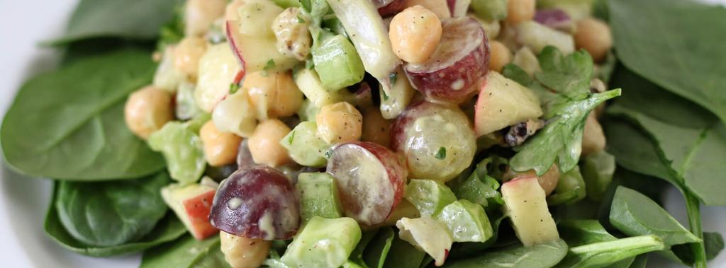 Chickpea Waldorf Salad 15 ingredients 15 minutes 4 servings 1. Prepare your dressing by combining your avocado, apple cider vinegar, mustard, olive oil, salt, pepper and water.