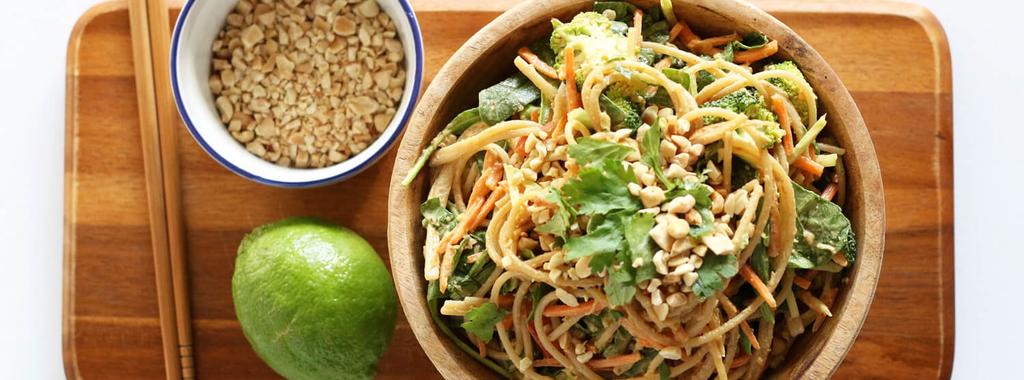 Asian Slaw with Noodles & Peanut Sauce 14 ingredients 20 minutes 4 servings 1. Cook your brown rice spaghetti noodles according to the package.