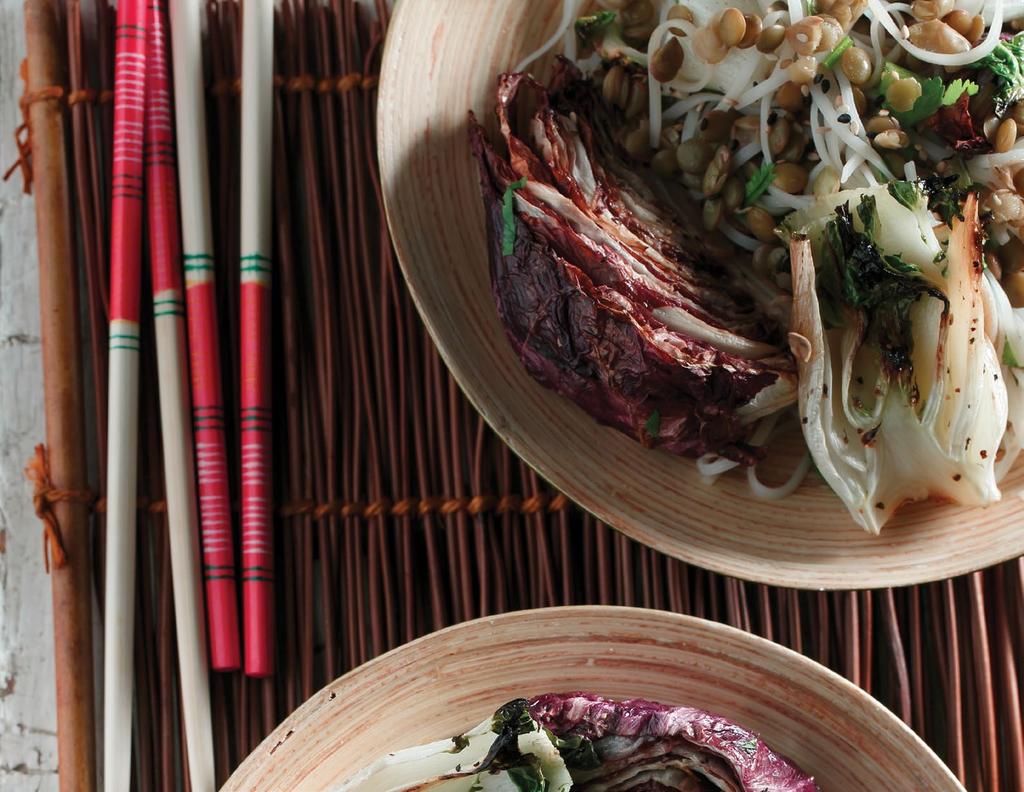 Grilled Radicchio & Bok Choy Salad with Green Lentils & Glass Noodles SERVINGS 4 PREP TIME 10 minutes TOTAL TIME 25 minutes 4 baby bok choy, halved half head radicchio, cut into 3 wedges, attached at