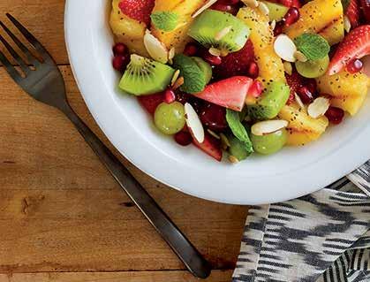 BALSAMIC FRUIT SALAD WITH CHIA A balsamic tangerine vinaigrette coats fresh fruit. Topped with chia, sunflower seeds, almonds and fresh mint. Serve with yogurt for a flavorful breakfast option.