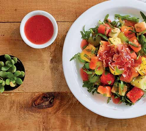 PROSCIUTTO & MIXED MELON SALAD A colorful summer salad of diced melon and arugula tossed in Hellmann s Light Raspberry Vinaigrette. Topped with crispy prosciutto for a salty crunch.