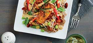 SPICY MISO SOBA NOODLE SALAD WITH TOFU Soba noodles tossed in Hellmann s Sesame Thai Vinaigrette, then topped with edamame, bean sprouts, snow peas, bell pepper, spiced almonds and miso marinated