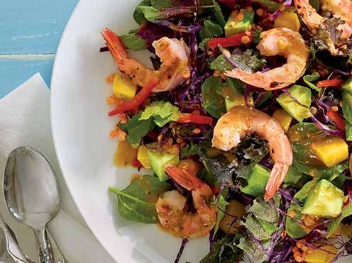 CARIBBEAN JERK & SHRIMP SALAD A flavor-packed base of fresh spinach, purple cabbage, brown lentils and purple kale tossed with house-made Mango Jerk Dressing.