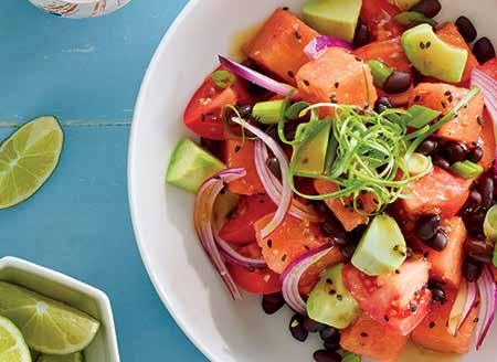 WATERMELON & TOMATO POKE BOWL Black beans combined with cubed Roma tomatoes, watermelon, avocado, minced garlic and slivered onions, then dressed with a savory combination of Hellmann s Sesame Thai