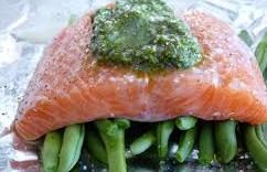 Fish in a parcel with green beans and pesto 1 handful of green beans 1 x 150g (approx.