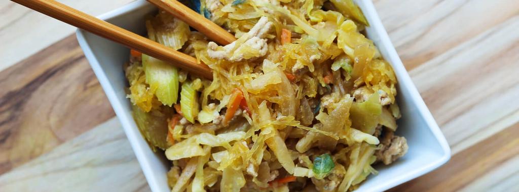 Spaghetti Squash Chow Mein AIP 10 ingredients 1 hour 30 minutes 4 servings 1. Preheat oven to 350 degrees F and slice the spaghetti squash in half.