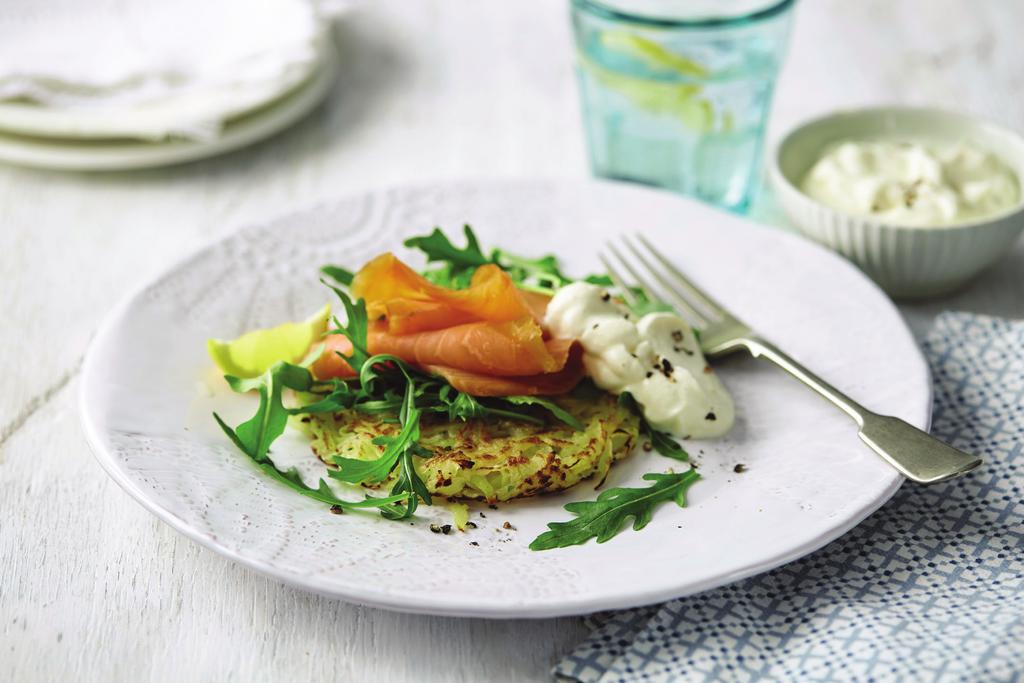 Rosti with Smoked Salmon, Rocket and Crème Fraîche Serves: 4 people Ready: 25 minutes Prep Time: 10 minutes Cook Time: 15 minutes Ingredients: 500g Maris Piper Potatoes 120g Smoked Salmon 60g Rocket