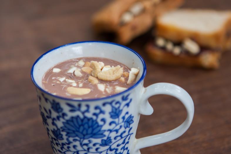 Cashew Hot Chocolate Servings: 2-3 1 cup roasted cashews ¼ cup cocoa powder 3 tablespoonful maple syrup Pinch of salt 1 cup water Blend all ingredients in a blender using