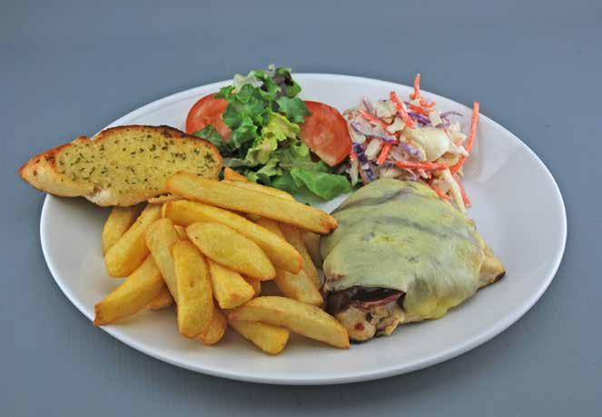 Smothered Chicken You ll need: Oval Plate Chicken Breast Back Bacon Cheese Slice BBQ Sauce Garlic Bread Coleslaw (See Sub) Salad Mix Tomato Wedges (See Sub) French Dressing 1 Rasher 30g 1 Slice 70g