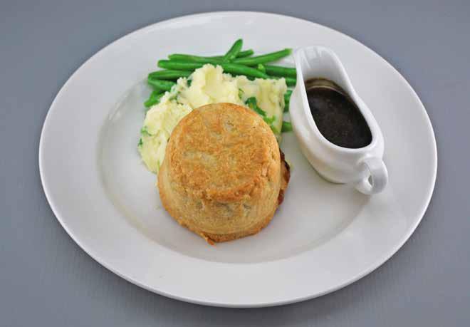 Beef & Doombar Suet Pudding You ll need: Large White Plate & Sauce Jug Beef Suet Pudding Mash Potato (See Sub) Spring Onion (See Sub) Cheddar & Mozzarella Mix Green Beans Butter Gravy (See Sub) 10g