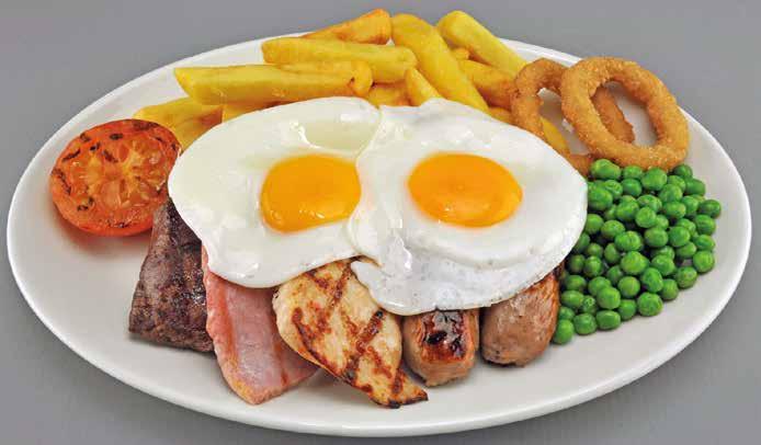 Mixed Grill You ll need: Oval Plate 4oz Flat Iron Steak PI Sausage 8oz Gammon Chicken Breast Onion Rings Tomato Half (See Sub) Eggs Peas 2 Each ½ Each ½ Each 2 Each 2 Each 1 Full Pea Scoop (56g)